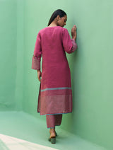 Emile Hand-Embroidered Metallic Linen Kurta - Crimson
