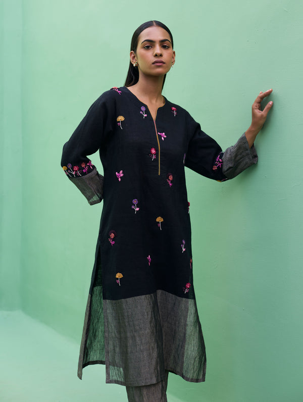 Emile Hand-Embroidered Metallic Linen Kurta - Black