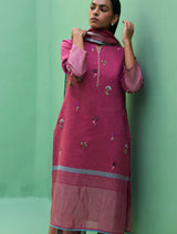 Emile Metallic Linen Hand-Embroidered Kurta Set - Crimson