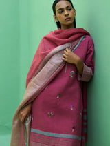 Emile Metallic Linen Hand-Embroidered Kurta Set - Crimson