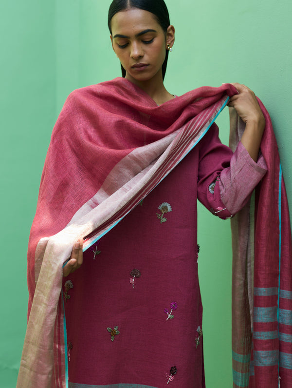 Emile Metallic Linen Hand-Embroidered Kurta Set - Crimson
