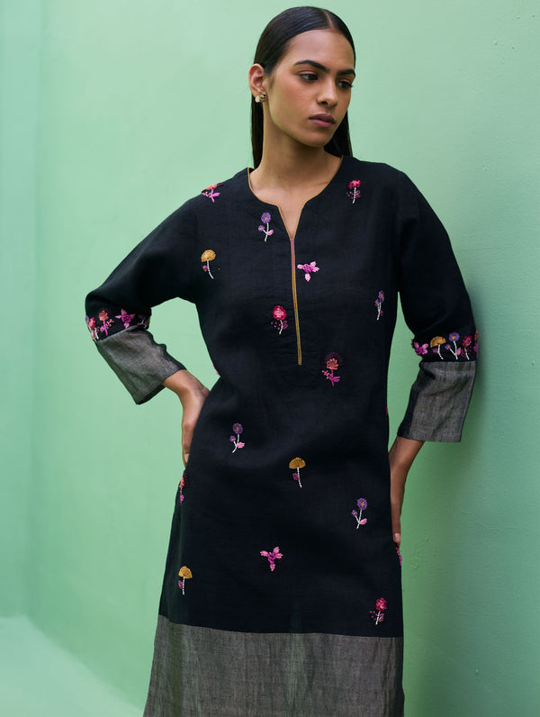 Emile Hand-Embroidered Metallic Linen Kurta - Black
