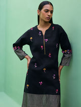 Emile Hand-Embroidered Metallic Linen Kurta - Black