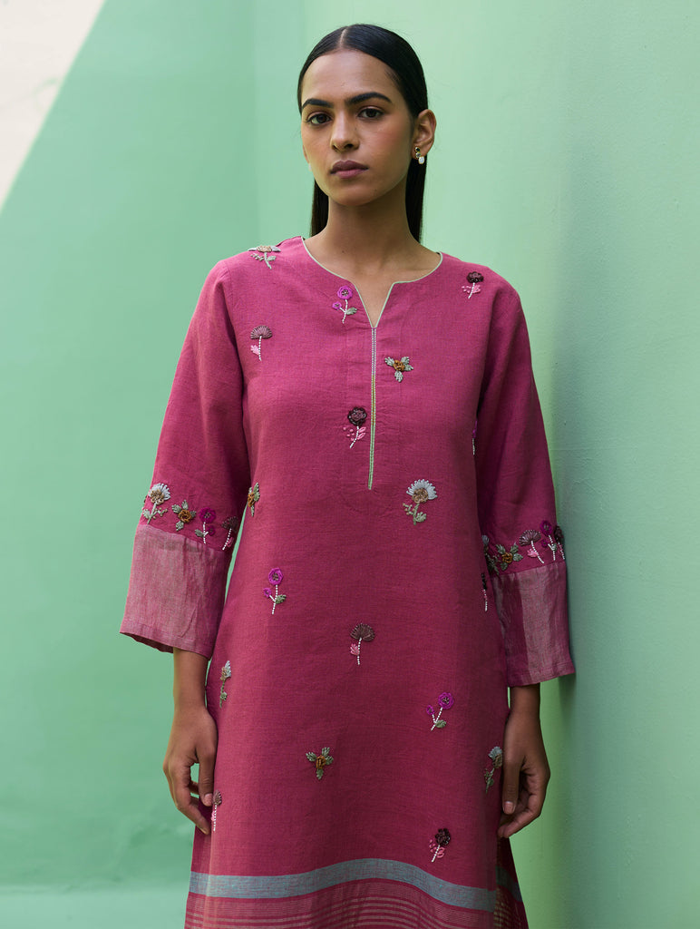 Emile Hand-Embroidered Metallic Linen Kurta - Crimson