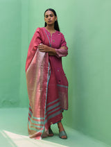 Emile Metallic Linen Hand-Embroidered Kurta Set - Crimson