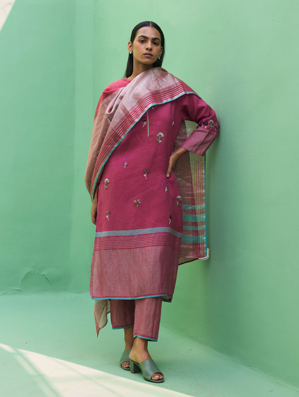 Emile Metallic Linen Hand-Embroidered Kurta Set - Crimson