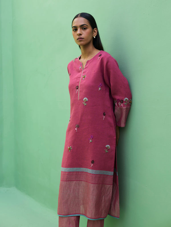 Emile Hand-Embroidered Metallic Linen Kurta - Crimson