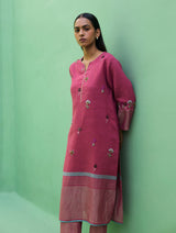 Emile Hand-Embroidered Metallic Linen Kurta - Crimson