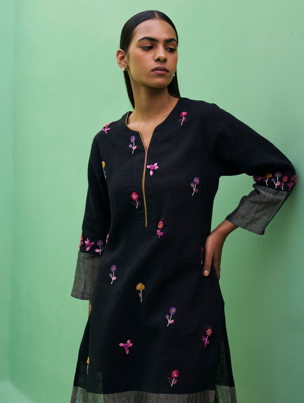Emile Hand-Embroidered Metallic Linen Kurta - Black