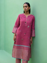 Emile Metallic Linen Hand-Embroidered Kurta Set - Crimson