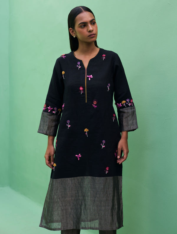 Emile Hand-Embroidered Metallic Linen Kurta - Black