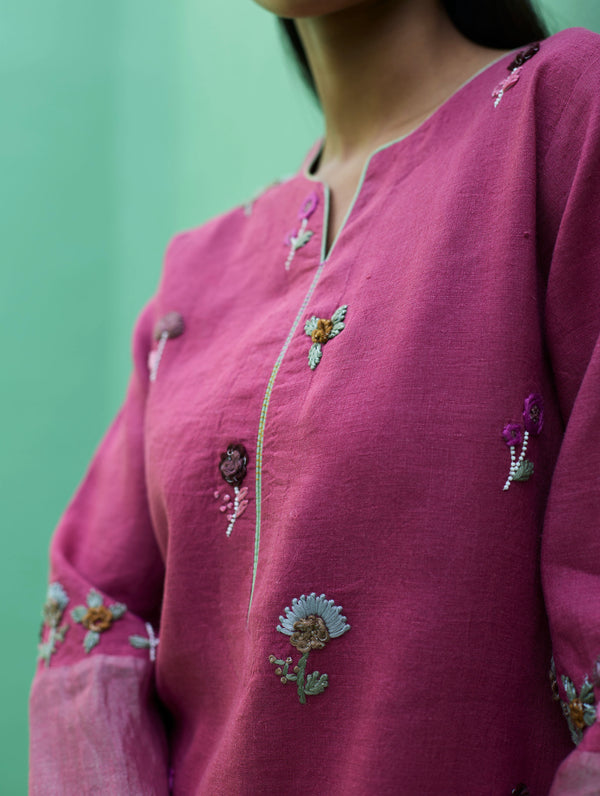 Emile Hand-Embroidered Metallic Linen Kurta - Crimson