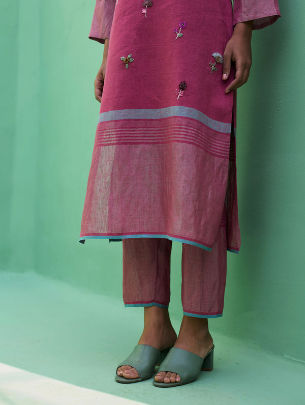 Emile Metallic Linen Hand-Embroidered Kurta Set - Crimson
