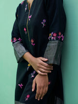 Emile Hand-Embroidered Metallic Linen Kurta - Black