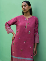 Emile Hand-Embroidered Metallic Linen Kurta - Crimson