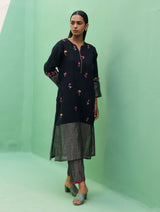 Emile Hand-Embroidered Metallic Linen Kurta - Black