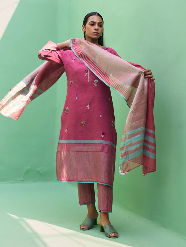 Emile Metallic Linen Hand-Embroidered Kurta Set - Crimson