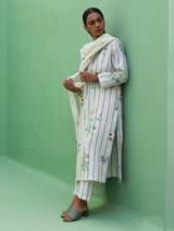 Sakura Botanical Stripe Linen Kurta Set - Ivory