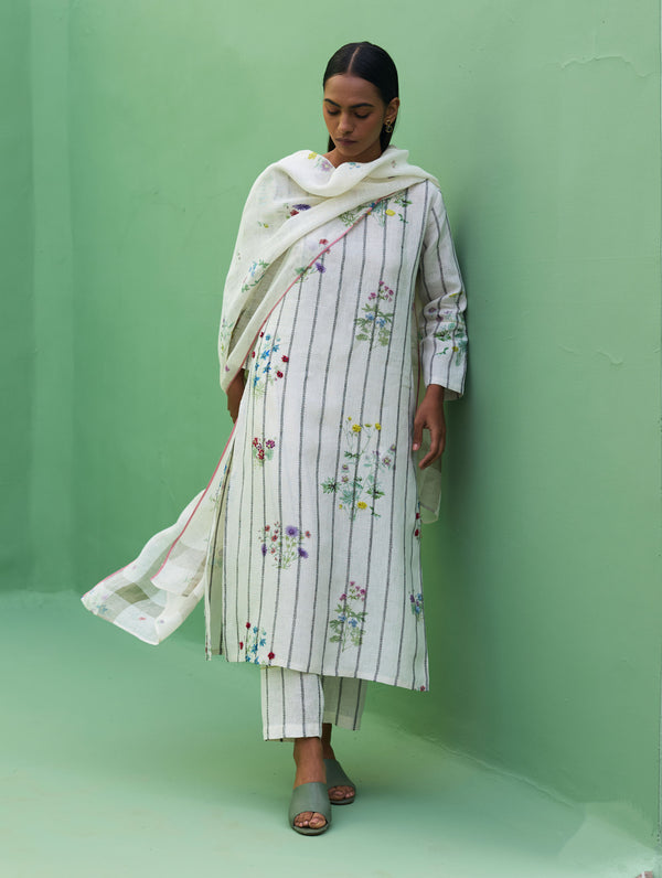 Sakura Botanical Stripe Linen Kurta Set - Ivory