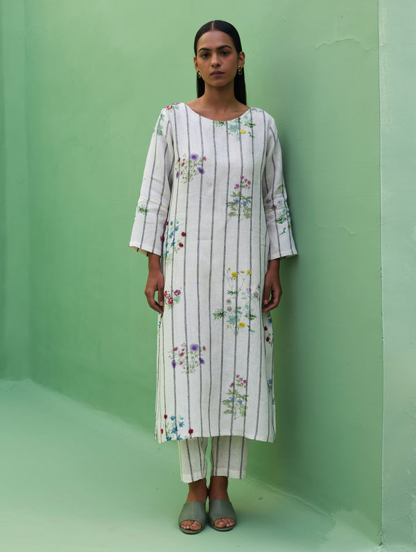 Sakura Botanical Stripe Linen Kurta - Ivory