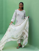 Sakura Botanical Stripe Linen Kurta Set - Ivory