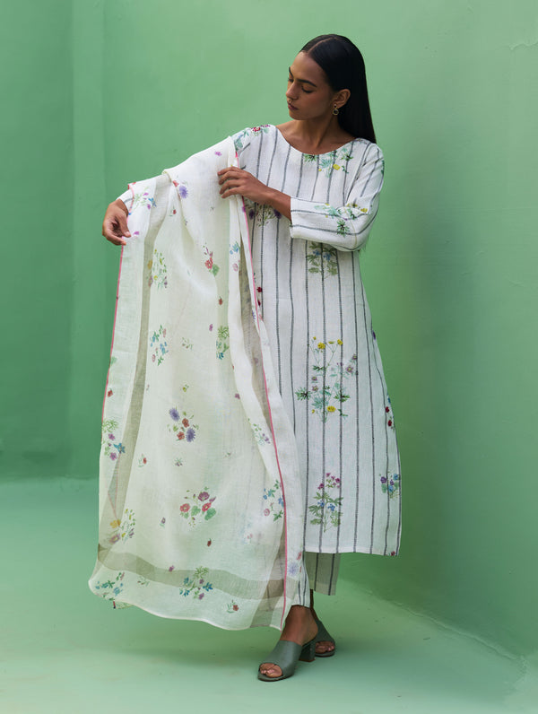 Sakura Botanical Stripe Linen Kurta Set - Ivory