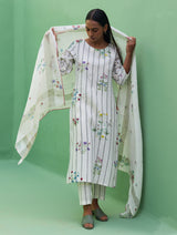 Sakura Botanical Stripe Linen Kurta Set - Ivory