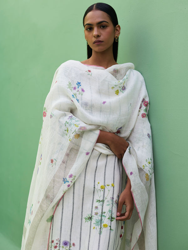 Sakura Botanical Stripe Linen Kurta Set - Ivory