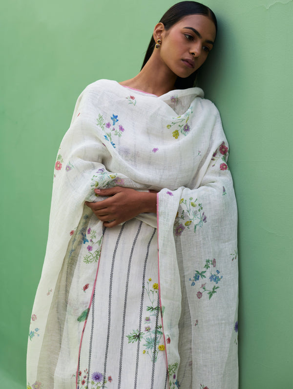 Sakura Botanical Stripe Linen Kurta Set - Ivory