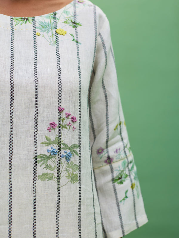 Sakura Botanical Stripe Linen Kurta - Ivory
