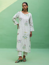 Sakura Botanical Stripe Linen Kurta - Ivory