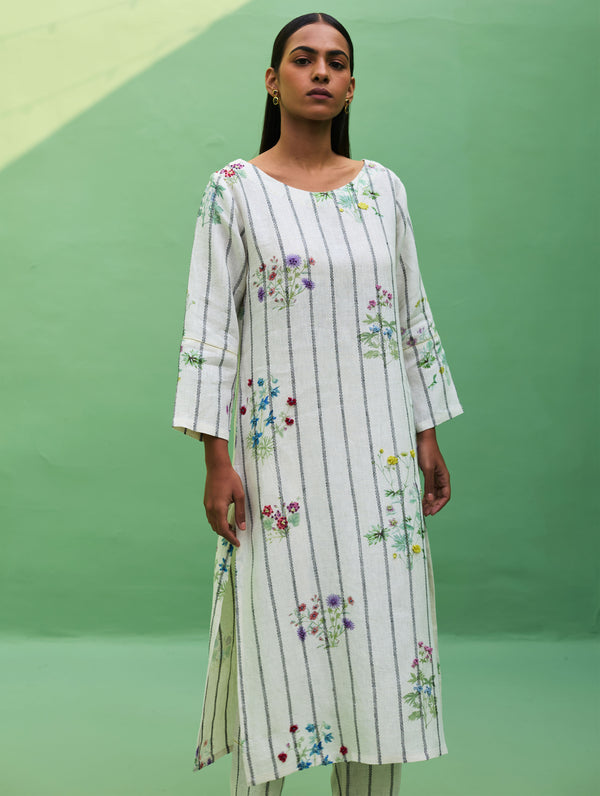 Sakura Botanical Stripe Linen Kurta - Ivory
