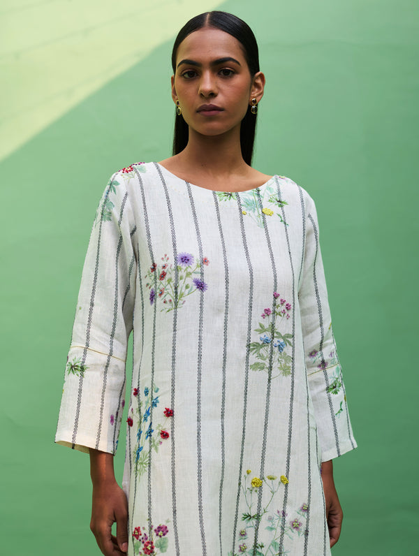 Sakura Botanical Stripe Linen Kurta - Ivory