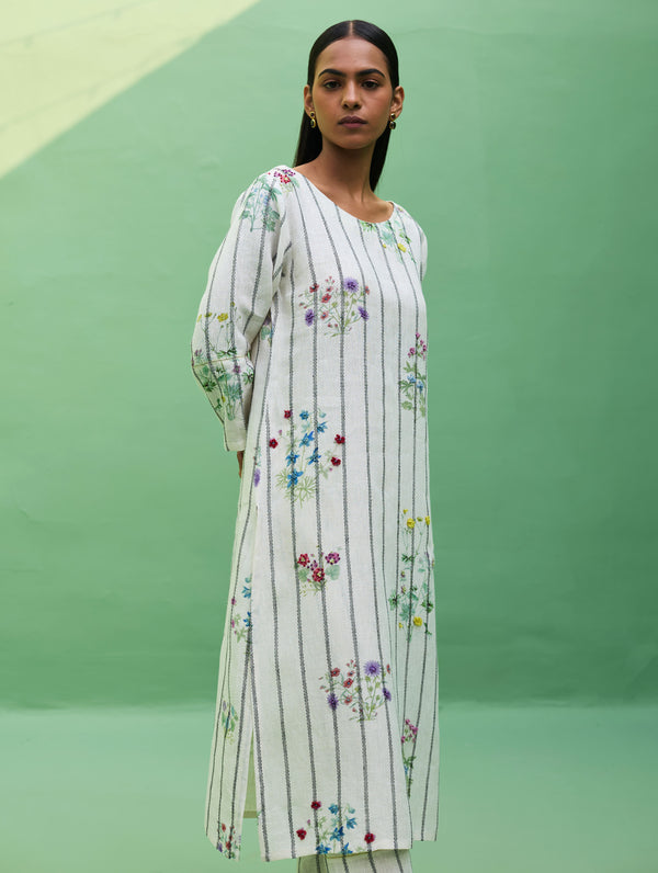 Sakura Botanical Stripe Linen Kurta - Ivory