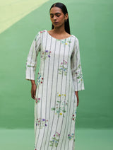 Sakura Botanical Stripe Linen Kurta - Ivory