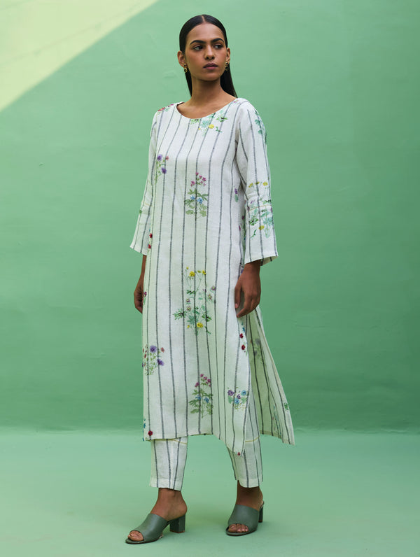 Sakura Botanical Stripe Linen Kurta - Ivory