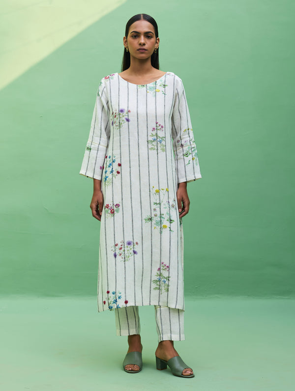 Sakura Botanical Stripe Linen Kurta - Ivory