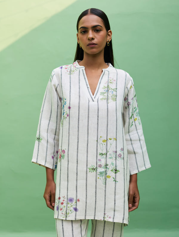 Maho Botanical Stripe Linen Kurta Set - Ivory