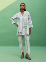 Maho Botanical Stripe Linen Kurta - Ivory