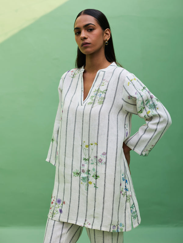Maho Botanical Stripe Linen Kurta Set - Ivory