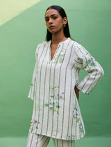 Maho Botanical Stripe Linen Kurta Set - Ivory