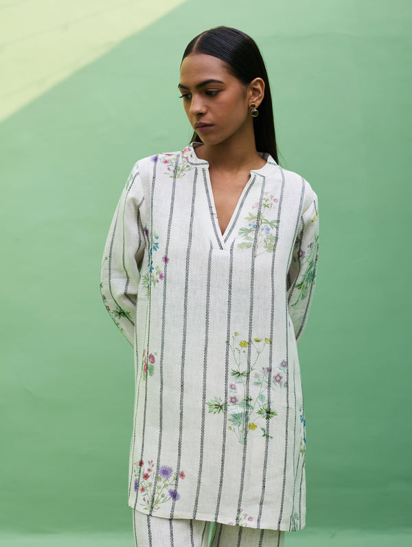 Maho Botanical Stripe Linen Kurta Set - Ivory