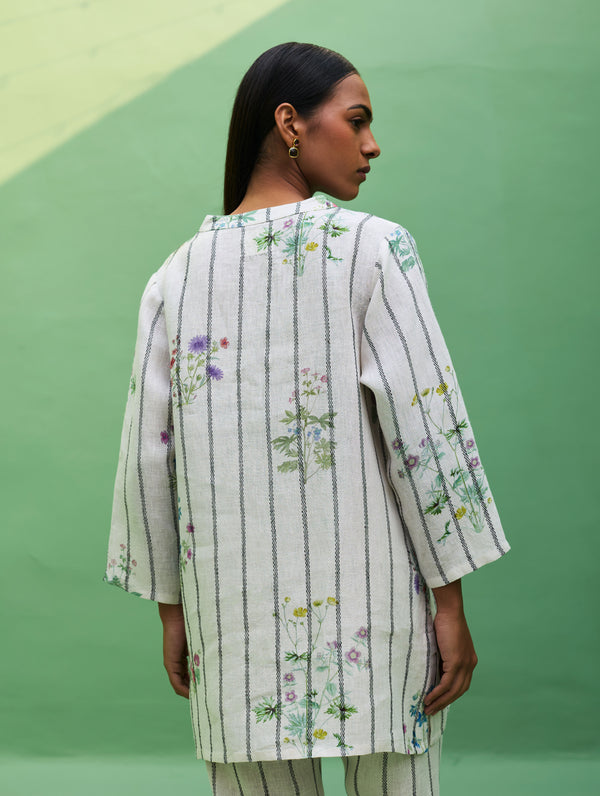 Maho Botanical Stripe Linen Kurta Set - Ivory