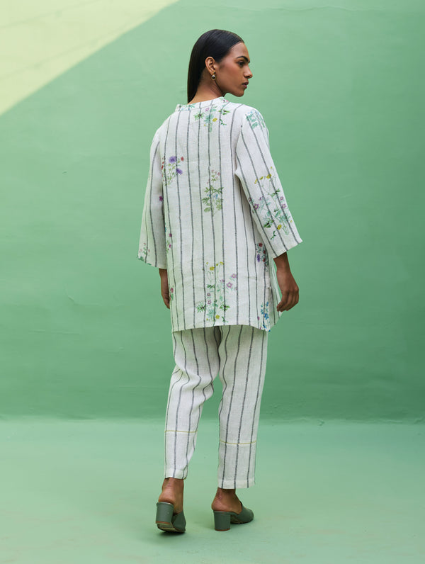 Maho Botanical Stripe Linen Kurta - Ivory