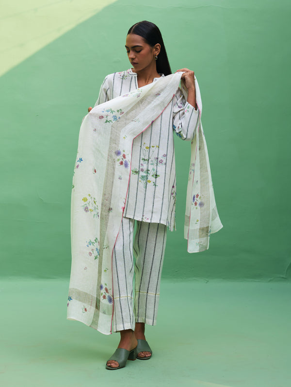 Maho Botanical Stripe Linen Kurta Set - Ivory