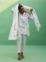 Maho Botanical Stripe Linen Kurta Set - Ivory