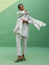 Maho Botanical Stripe Linen Kurta Set - Ivory