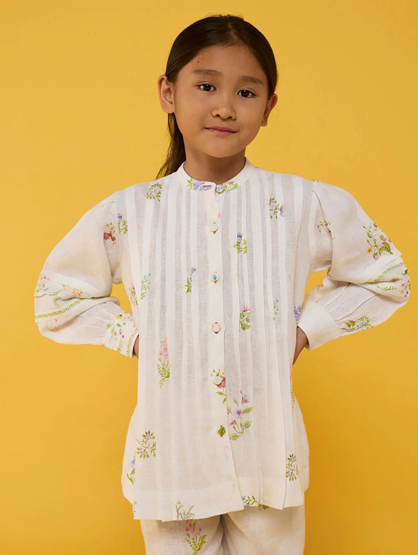 Akavi Pleated Floral Linen Shirt - White