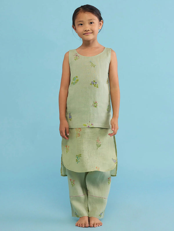 Aneya Patchwork Floral Linen Kurta Set - Mint