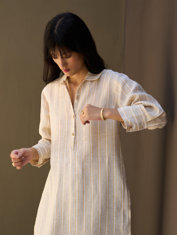 Eben Stripe Linen Shirt Kurta - Natural